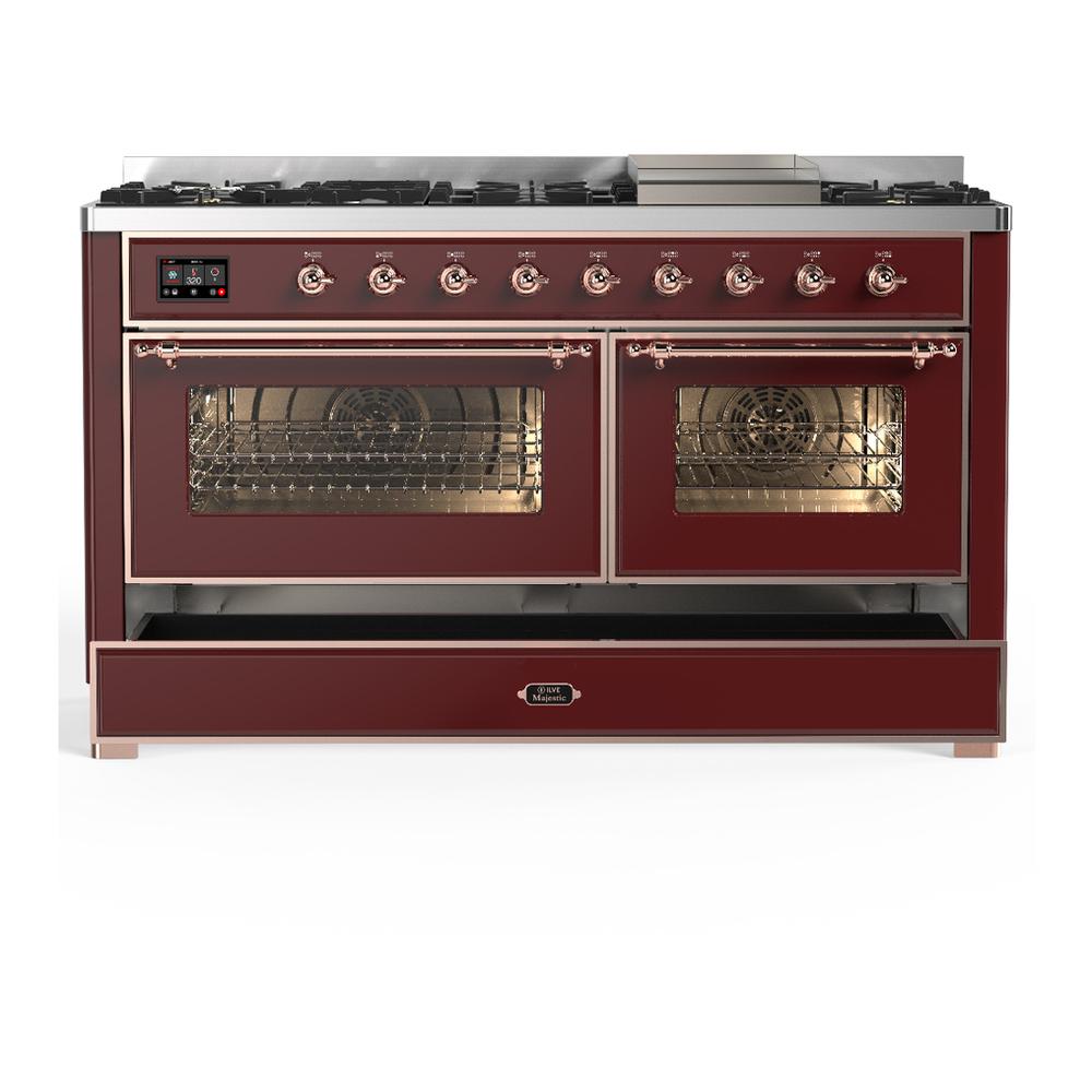ILVE UM60FNR3BUPLP Majestic III 60 inch Dual Fuel Range with 9 Burners and Griddle, Dual Function Burner up to 25,000 BTU (Liquid Propane, Triple Glass Door, Burgundy, Copper)