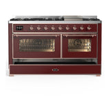 ILVE UM60FNR3BUPLP Majestic III 60 inch Dual Fuel Range with 9 Burners and Griddle, Dual Function Burner up to 25,000 BTU (Liquid Propane, Triple Glass Door, Burgundy, Copper)