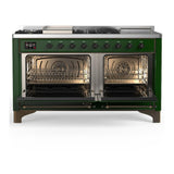 ILVE UM60FSQNR3EGBLP Majestic III 60 inch Dual Fuel Range with 7 Burners, Griddle and French Top, Dual Function Burner with up to 25,000 BTU (Liquid Propane, Solid Door, Emerald Green, Burnished)