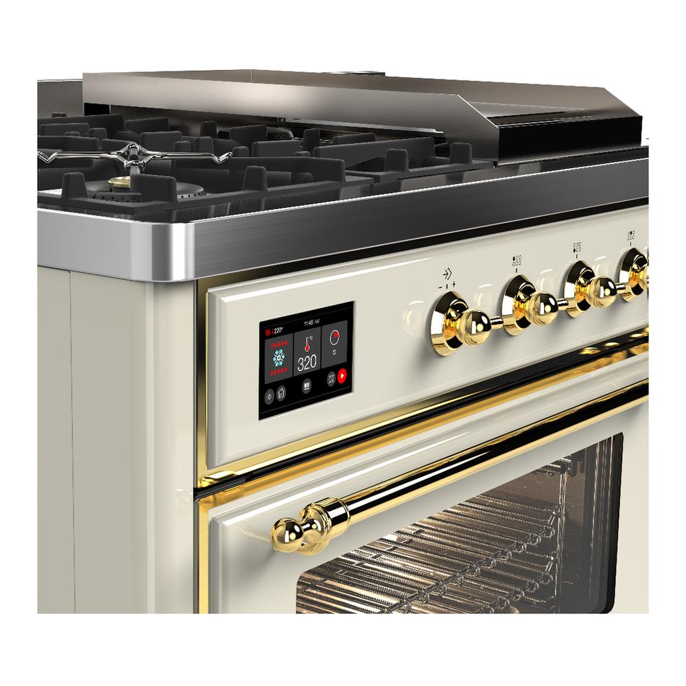 ILVE UM48FSNR3AWG Majestic III 48 inch Dual Fuel Range with 5 Black Brass Burners, Griddle and French Top, Dual Function Burner up to 25,000 BTU (Natural Gas, Triple Glass Door, Antique White, Brass)