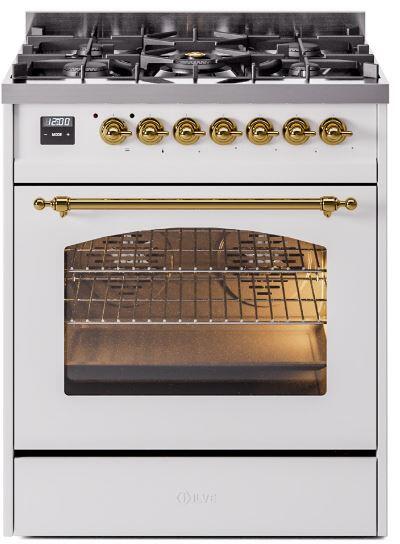 Nostalgie II 30 Inch Dual Fuel Natural Gas Freestanding Range in White with Brass Trim