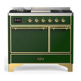 ILVE UMD40FQNR3EGGLP Majestic III 40 inch Dual Fuel Range with 6 Burners and Griddle, Dual Function Burner up to 25,000 BTU (Liquid Propane, Solid Door, Emerald Green, Brass)