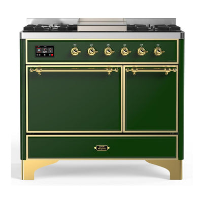 ILVE UMD40FQNR3EGGLP Majestic III 40 inch Dual Fuel Range with 6 Burners and Griddle, Dual Function Burner up to 25,000 BTU (Liquid Propane, Solid Door, Emerald Green, Brass)