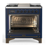ILVE UM36FNR3MBBLP Majestic III 36 inch Dual Fuel Range with 6 Black Brass Burners and Griddle, Dual Function Burner up to 25,000 BTU (Triple Glass Door, Midnight Blue, Burnished, Liquid Propane)