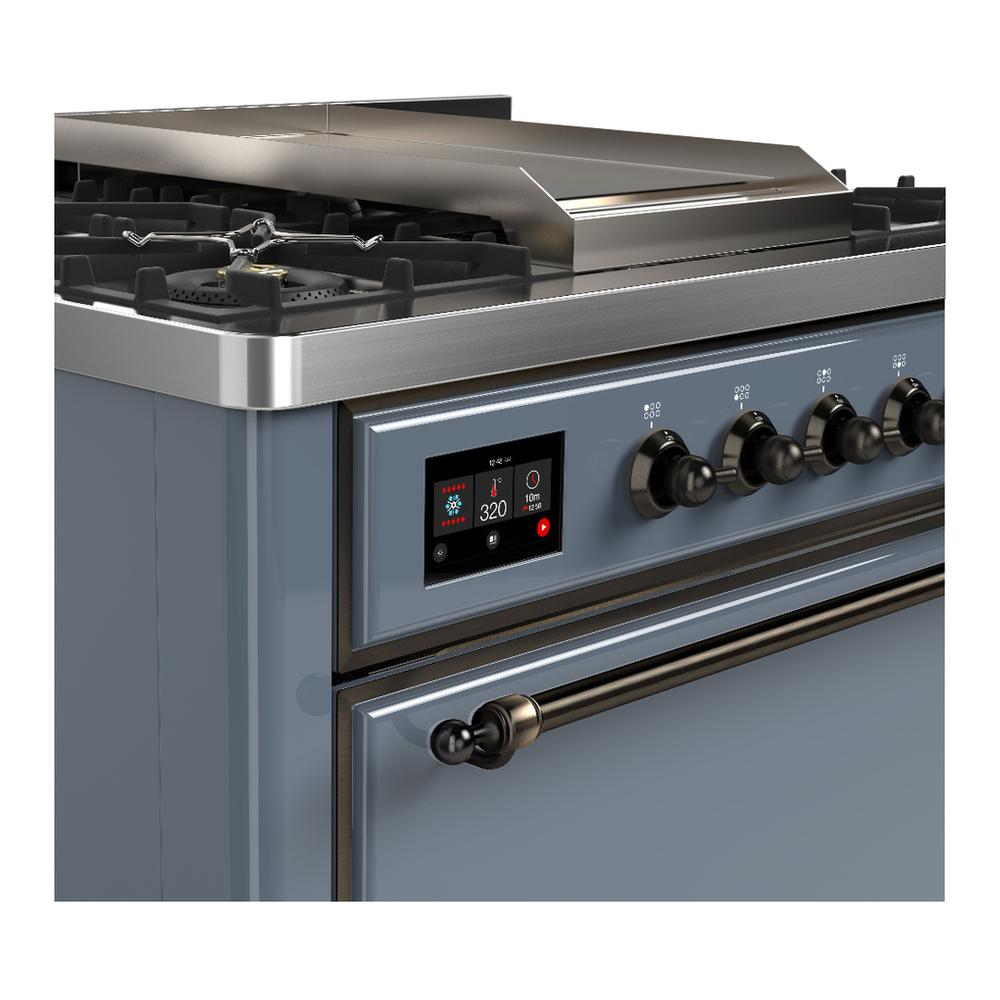 ILVE UM36FQNR3BGBLP Majestic III 36 inch Dual Fuel Range with 6 Black Brass Burners and Griddle, Dual Function Burner up to 25,000 BTU (Solid Door, Blue Grey, Burnished, Liquid Propane)