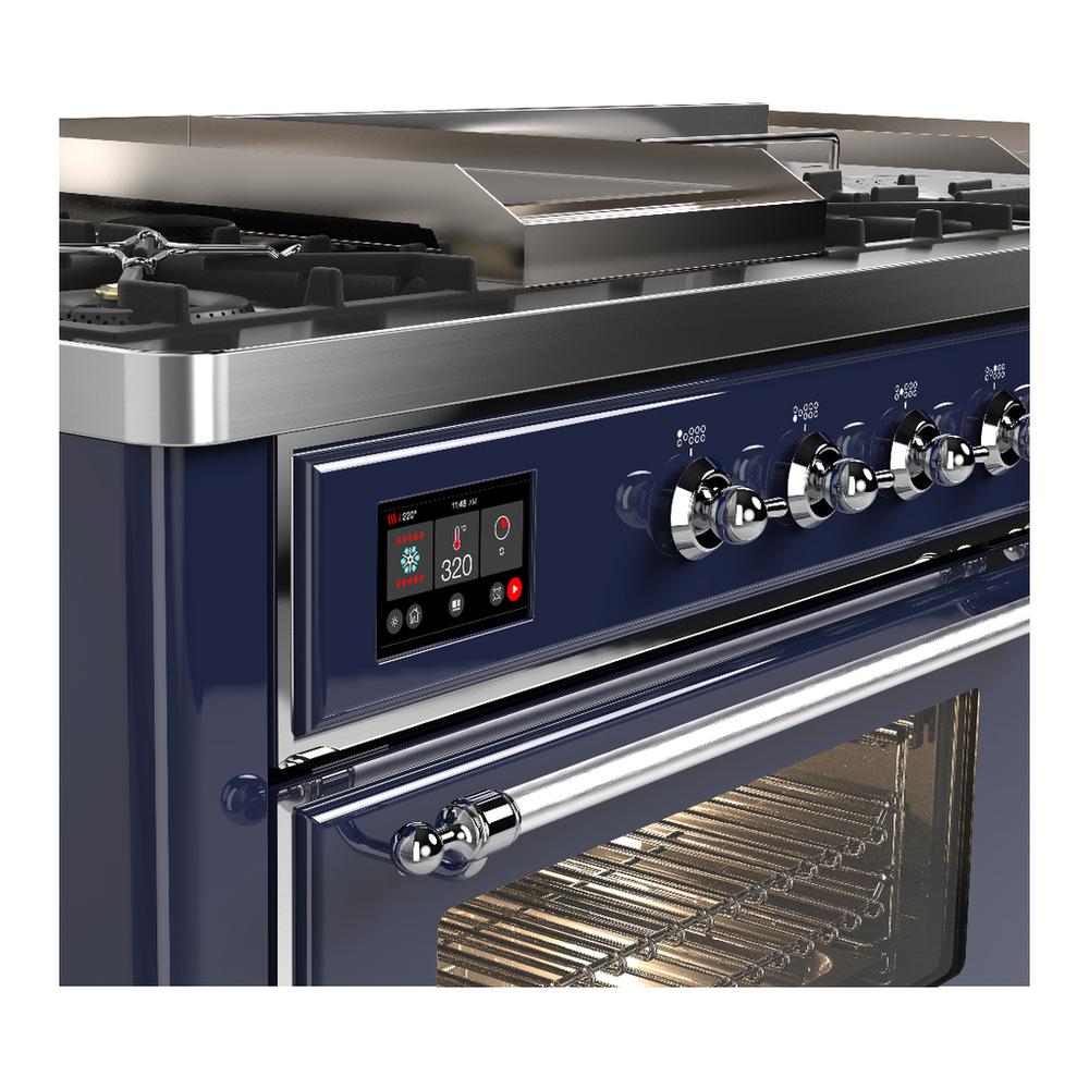 ILVE UM60FSNR3MBCLP Majestic III 60 inch Dual Fuel Range with 7 Burners, Griddle and French Top, Dual Function Burner with up to 25,000 BTU (Liquid Propane, Triple Glass Door, Midnight Blue, Chrome)