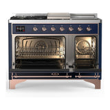 ILVE UM48FSNR3MBPLP Majestic III 48 inch Dual Fuel Range with 5 Black Brass Burners, Griddle and French Top, Dual Function Burner up to 25,000 BTU (Liquid Propane, Triple Glass Door, Midnight Blue, Copper)