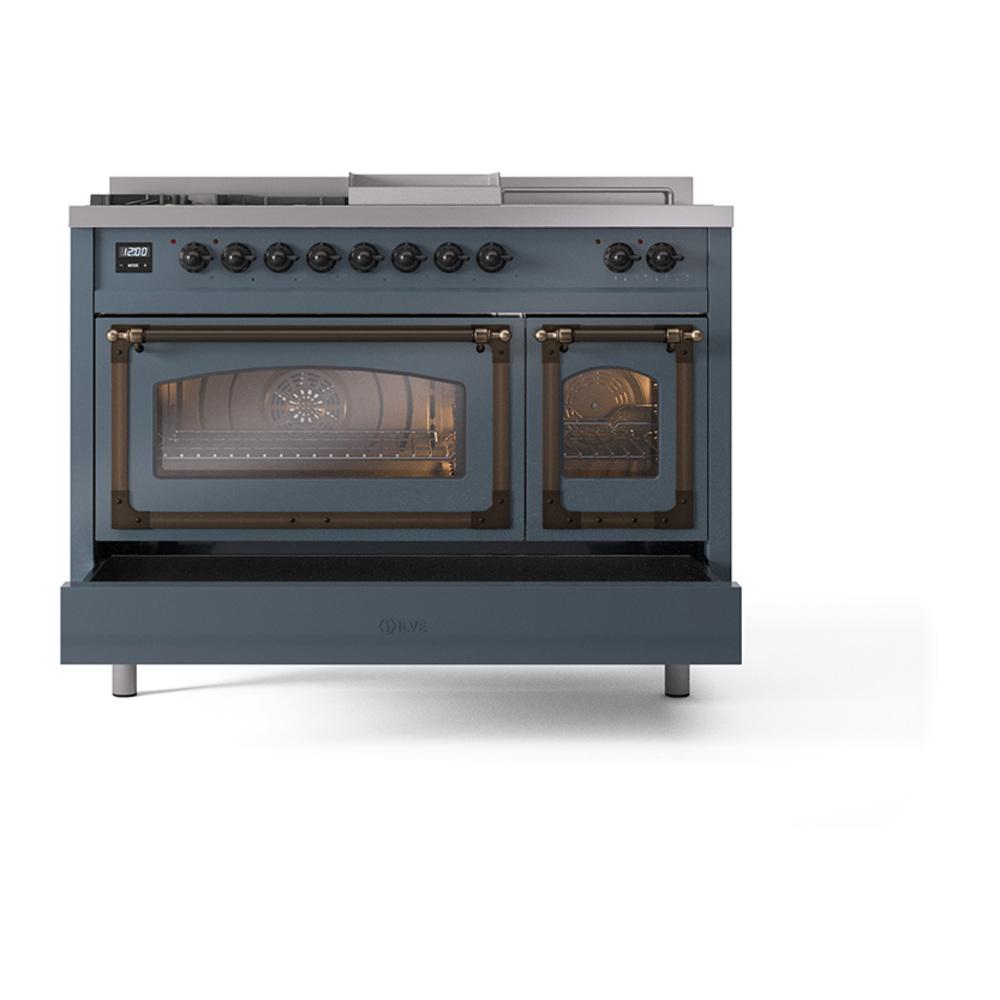 ILVE UN48FSNMPBGB Nostalgie II Noblesse 48 inch Dual Fuel Range (5 Sealed Burners + Griddle + French Top, Natural Gas, Triple Glass Door, Blue Grey, Burnished)