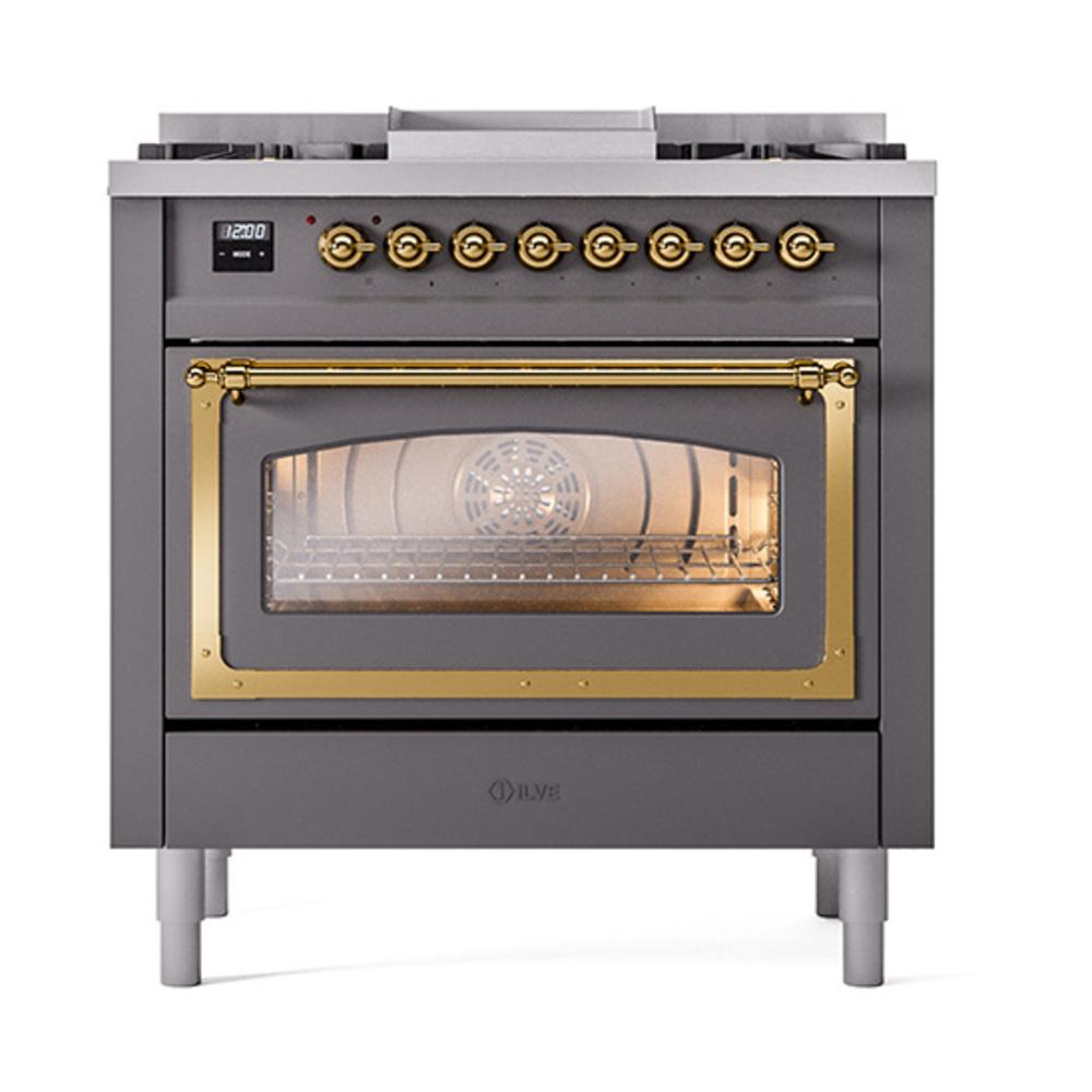 ILVE UN36FNMPMGG Nostalgie II Noblesse 36 inch Dual Fuel Range (Natural Gas, Triple Glass Door, Graphite Matte, Brass)
