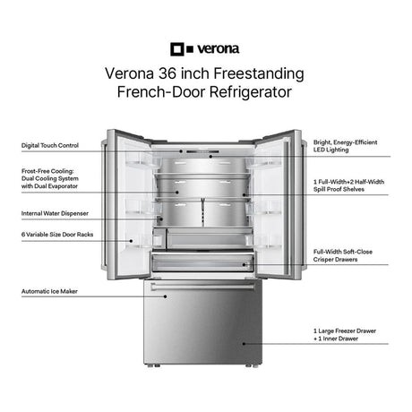Verona VEBFD3620WIFS 36 inch French Door Counter-Depth Refrigerator with 20.2 cu. ft. Total Capacity, Internal Water Dispenser, Automatic Ice Maker in Stainless Steel