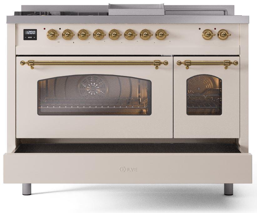 Nostalgie II 48 Inch Dual Fuel Natural Gas Freestanding Range in Antique White with Brass Trim