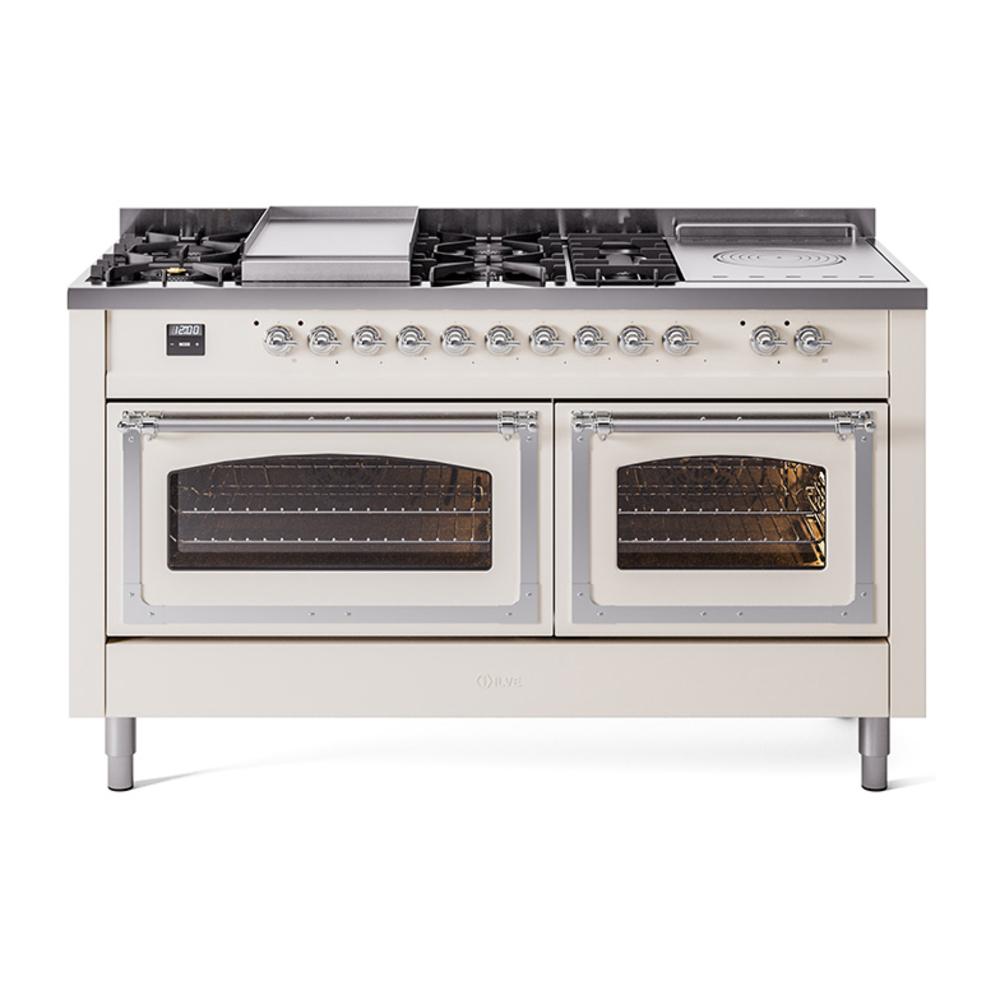 ILVE UN60FSNMPAWC Nostalgie II Noblesse 60 inch Dual Fuel Range (7 Sealed Burners + Griddle + French Top, Natural Gas, Triple Glass Door, Antique White, Chrome)