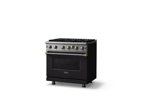 36"W. Open Burner Gas Range (Finish: Onyx, Trim: Brushed Brass, Fuel: Natural Gas)