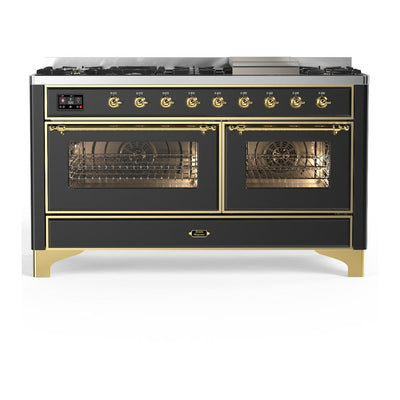 ILVE UM60FNR3MGGLP Majestic III 60 inch Dual Fuel Range with 9 Burners and Griddle, Dual Function Burner up to 25,000 BTU (Liquid Propane, Triple Glass Door, Graphite Matte, Brass)