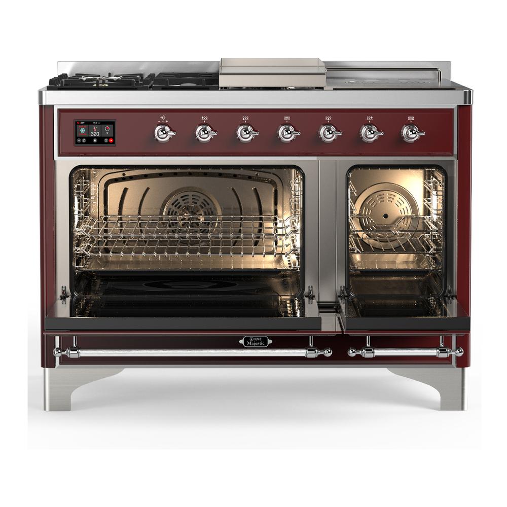 ILVE UM48FSQNR3BUC Majestic III 48 inch Dual Fuel Range with 5 Black Brass Burners, Griddle and French Top, Dual Function Burner up to 25,000 BTU (Natural Gas, Solid Door, Burgundy, Chrome)