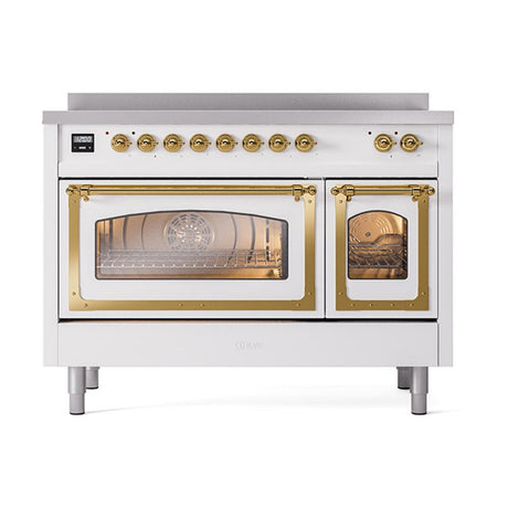 ILVE UNI486NMPWHG Nostalgie II Noblesse 48 inch Induction Range (Triple Glass Door, White, Brass)
