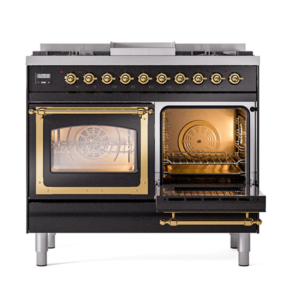 ILVE UND40FNMPBKGLP Nostalgie II Noblesse 40 inch Dual Fuel Range (Liquid Propane, Triple Glass Door, Glossy Black, Brass)
