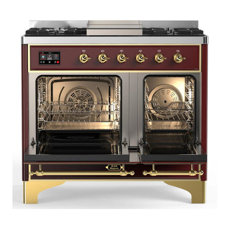 ILVE UMD40FQNR3BUGLP Majestic III 40 inch Dual Fuel Range with 6 Burners and Griddle, Dual Function Burner up to 25,000 BTU (Liquid Propane, Solid Door, Burgundy, Brass)