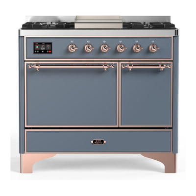ILVE UMD40FQNR3BGP Majestic III 40 inch Dual Fuel Range with 6 Burners and Griddle, Dual Function Burner up to 25,000 BTU (Natural Gas, Solid Door, Blue Grey, Copper)