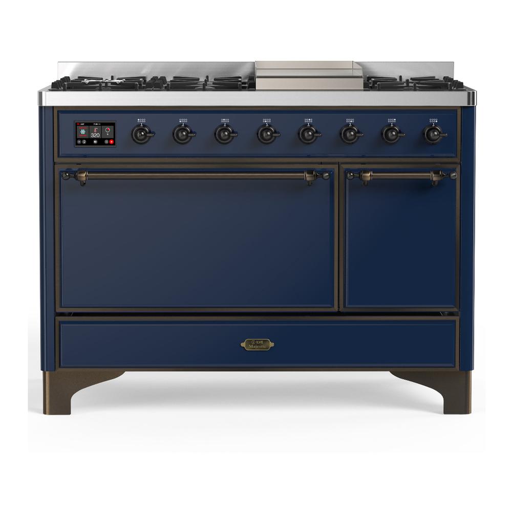 ILVE UM48FQNR3MBB Majestic III 48 inch Dual Fuel Range with 8 Burners and Griddle, Dual Function Burner up to 25,000 BTU (Natural Gas, Solid Door, Midnight Blue, Burnished)