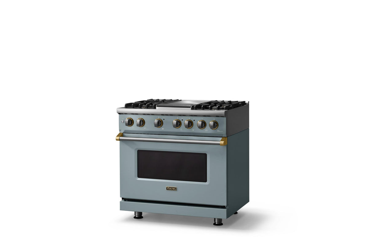 36"W. Dual Fuel Range (Burner: 4g, Finish: November Sky, Trim: Brushed Brass, Fuel: Natural Gas)