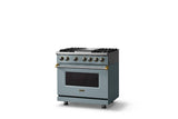 36"W. Dual Fuel Range (Burner: 4g, Finish: November Sky, Trim: Brushed Brass, Fuel: Natural Gas)