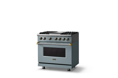 36"W. Dual Fuel Range (Burner: 4g, Finish: November Sky, Trim: Polished Chrome, Fuel: Propane)