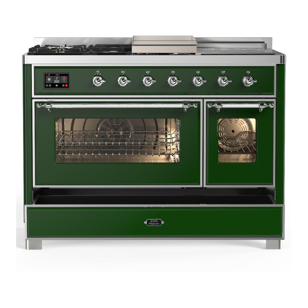 ILVE UM48FSNR3EGC Majestic III 48 inch Dual Fuel Range with 5 Black Brass Burners, Griddle and French Top, Dual Function Burner up to 25,000 BTU (Natural Gas, Triple Glass Door, Emerald Green, Chrome)