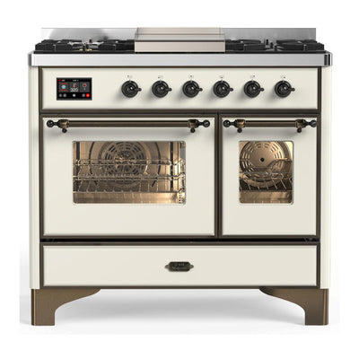 ILVE UMD40FNR3AWBLP Majestic III 40 inch Dual Fuel Range with 6 Burners and Griddle, Dual Function Burner up to 25,000 BTU (Liquid Propane, Triple Glass Door, Antique White, Burnished)
