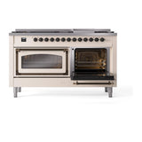 ILVE UN60FNMPAWBLP Nostalgie II Noblesse 60 inch Dual Fuel Range (9 Sealed Burners + Griddle, Liquid Propane, Triple Glass Door, Antique White, Burnished)