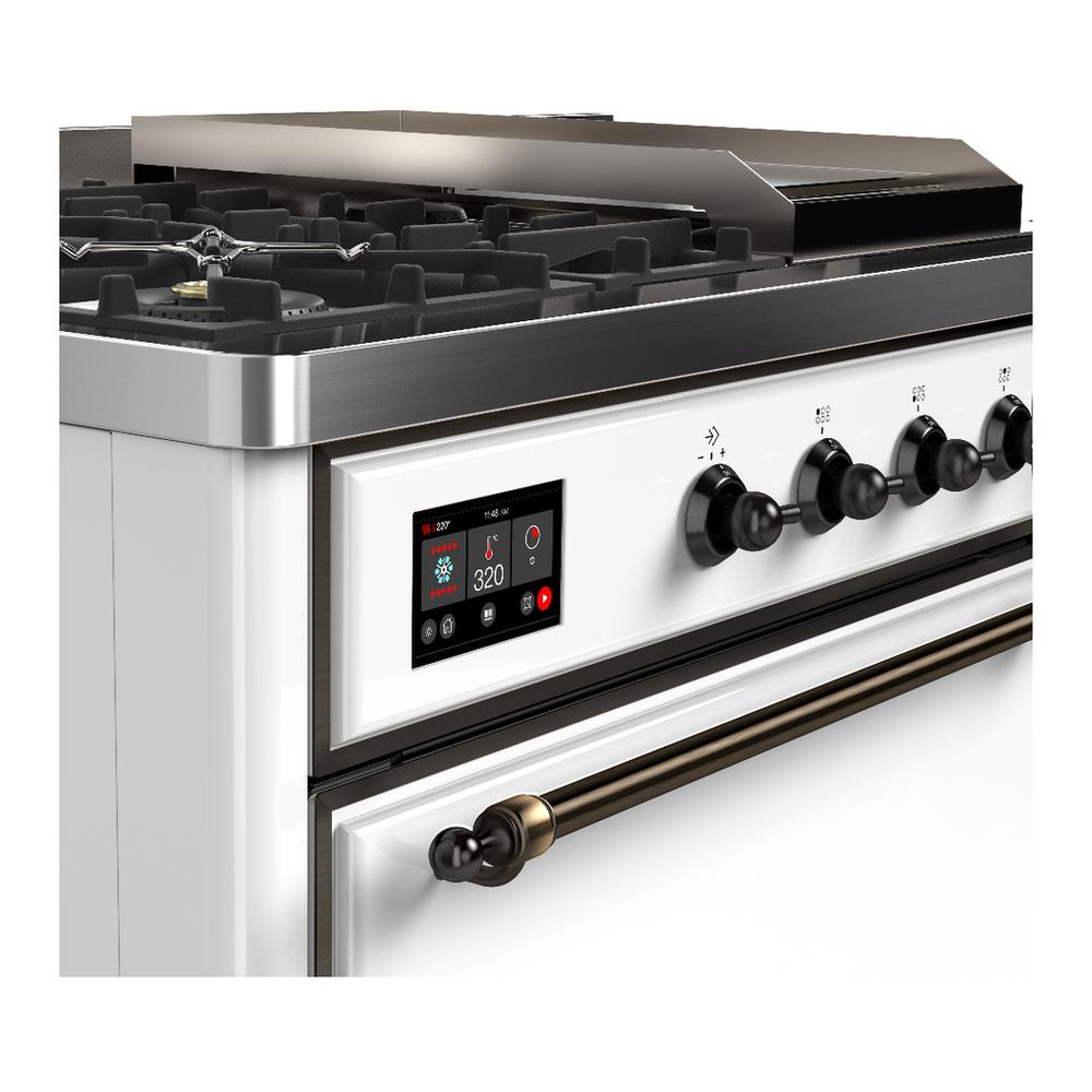 ILVE UM48FSQNR3WHB Majestic III 48 inch Dual Fuel Range with 5 Black Brass Burners, Griddle and French Top, Dual Function Burner up to 25,000 BTU (Natural Gas, Solid Door, White, Burnished)
