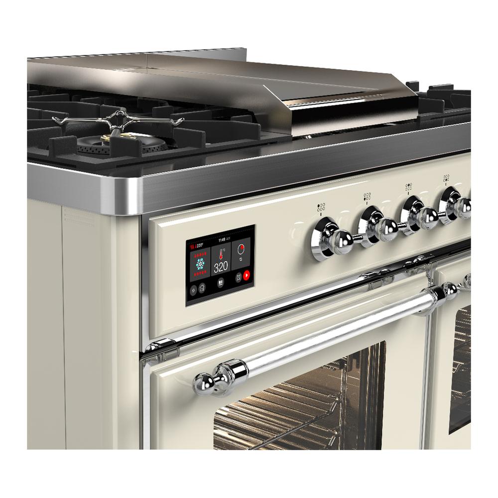 ILVE UMD40FNR3AWCLP Majestic III 40 inch Dual Fuel Range with 6 Burners and Griddle, Dual Function Burner up to 25,000 BTU (Liquid Propane, Triple Glass Door, Antique White, Chrome)