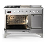 ILVE UM48FSQNR3SSCLP Majestic III 48 inch Dual Fuel Range with 5 Black Brass Burners, Griddle and French Top, Dual Function Burner up to 25,000 BTU (Liquid Propane, Solid Door, Stainless Steel, Chrome)