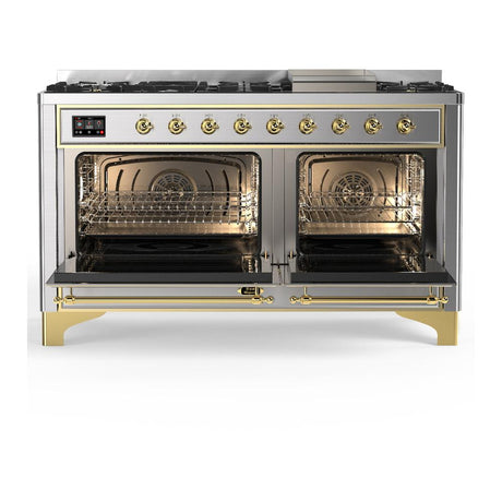 ILVE UM60FQNR3SSG Majestic III 60 inch Dual Fuel Range with 9 Burners and Griddle, Dual Function Burner up to 25,000 BTU (Natural Gas, Solid Door, Stainless Steel, Brass)