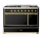 ILVE UM48FQNR3BKGLP Majestic III 48 inch Dual Fuel Range with 8 Burners and Griddle, Dual Function Burner up to 25,000 BTU (Liquid Propane, Solid Door, Glossy Black, Brass)