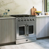 Forno Galiano 30-Inch Freestanding French Door Gas Range, 4 Burners, Convection Oven, Energy Efficient