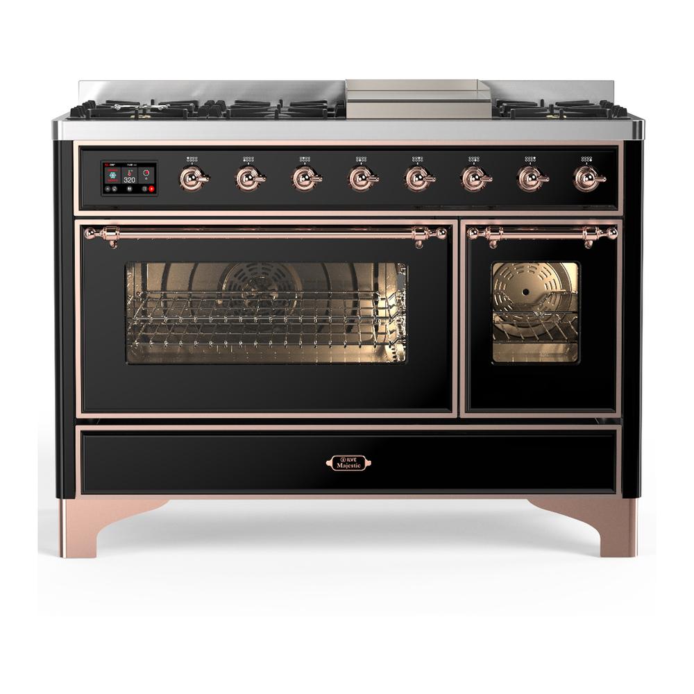 ILVE UM48FNR3BKPLP Majestic III 48 inch Dual Fuel Range with 8 Burners and Griddle, Dual Function Burner up to 25,000 BTU (Liquid Propane, Triple Glass Door, Glossy Black, Copper)