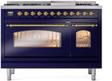 Nostalgie II 48 Inch Dual Fuel Liquid Propane Freestanding Range in Blue with Brass Trim