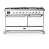 ILVE UM60FQNR3WHCLP Majestic III 60 inch Dual Fuel Range with 9 Burners and Griddle, Dual Function Burner up to 25,000 BTU (Liquid Propane, Solid Door, White, Chrome)