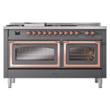 ILVE UN60FSNMPMGPLP Nostalgie II Noblesse 60 inch Dual Fuel Range (7 Sealed Burners + Griddle + French Top, Liquid Propane, Triple Glass Door, Graphite Matte, Copper)