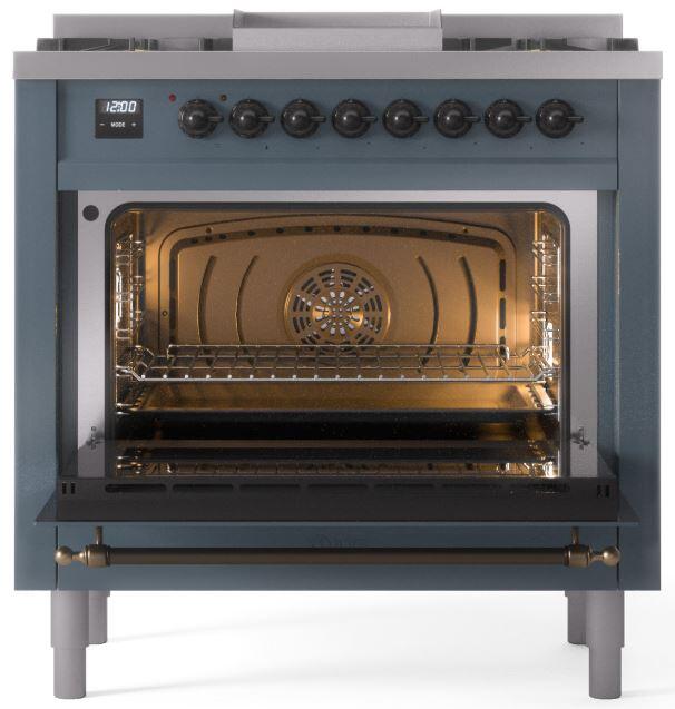 Nostalgie II 36 Inch Dual Fuel Natural Gas Freestanding Range in Blue Grey with Bronze Trim
