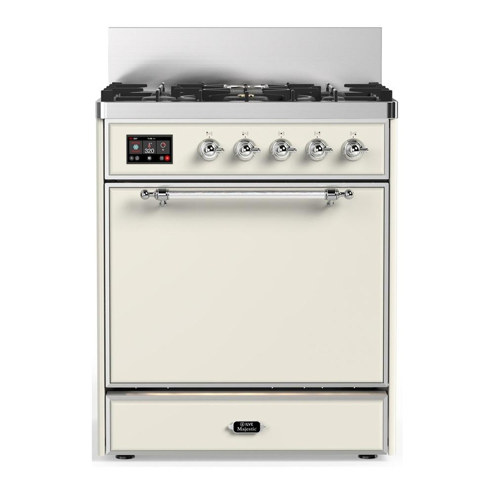 ILVE UM30QNR3AWC Majestic III 30 inch Dual Fuel Range with 5 Black Brass Burners, Dual Function Burner up to 25,000 BTU (Natural Gas, Solid Door, Antique White, Chrome)