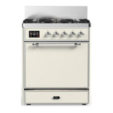 ILVE UM30QNR3AWC Majestic III 30 inch Dual Fuel Range with 5 Black Brass Burners, Dual Function Burner up to 25,000 BTU (Natural Gas, Solid Door, Antique White, Chrome)