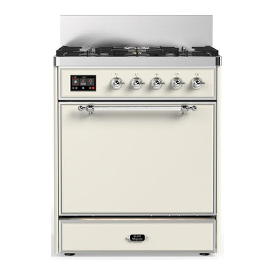 ILVE UM30QNR3AWC Majestic III 30 inch Dual Fuel Range with 5 Black Brass Burners, Dual Function Burner up to 25,000 BTU (Natural Gas, Solid Door, Antique White, Chrome)