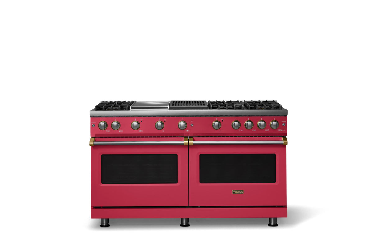 60"W. Sealed Burner Gas Range (Finish: Valentine, Trim: Brushed Brass, Fuel: Natural Gas)
