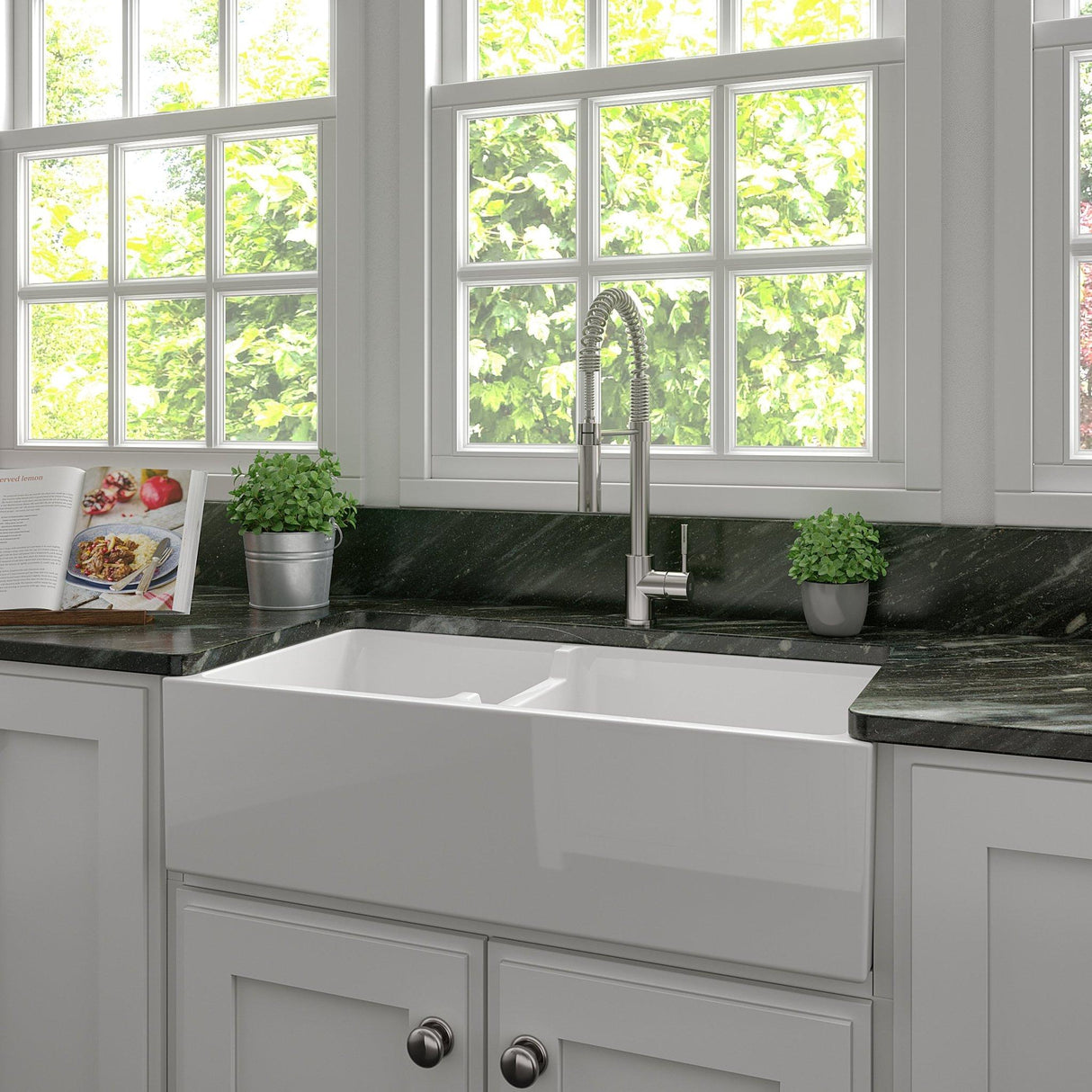 ZLINE 36" Palermo Farmhouse Apron Front Double Bowl Reversible Fireclay Kitchen Sink with Bottom Grid (FRC5121)
