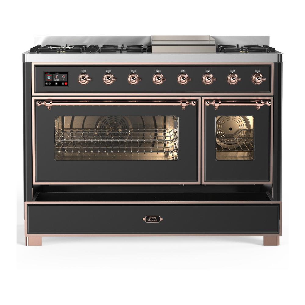 ILVE UM48FNR3MGPLP Majestic III 48 inch Dual Fuel Range with 8 Burners and Griddle, Dual Function Burner up to 25,000 BTU (Liquid Propane, Triple Glass Door, Graphite Matte, Copper)