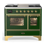 ILVE UMD40FNR3EGG Majestic III 40 inch Dual Fuel Range with 6 Burners and Griddle, Dual Function Burner up to 25,000 BTU (Natural Gas, Triple Glass Door, Emerald Green, Brass)
