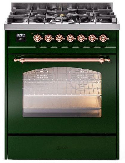 Nostalgie II 30 Inch Dual Fuel Natural Gas Freestanding Range in Emerald Green with Copper Trim