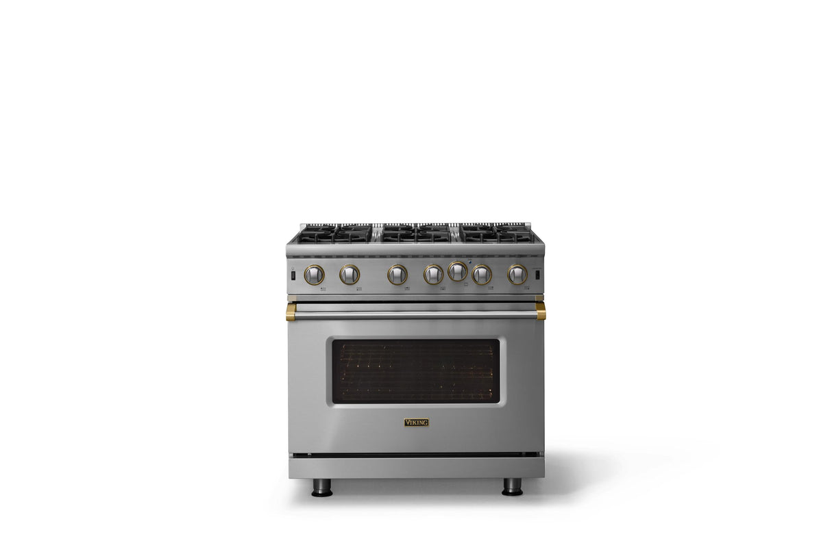 36"W. Open Burner Gas Range (Finish: Stainless Steel, Trim: Brushed Brass, Fuel: Natural Gas)